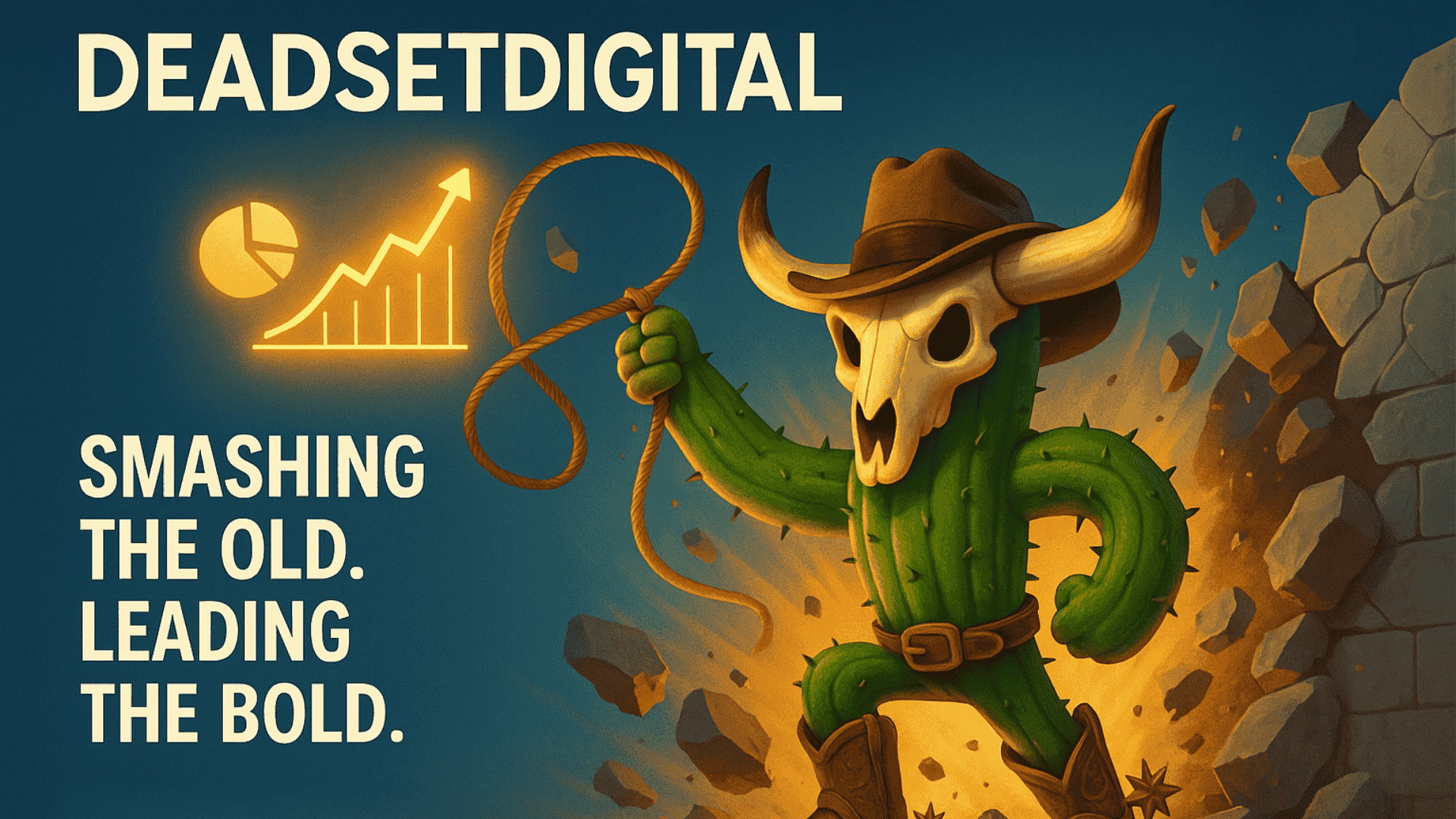 Services 4 Illustration of a cactus cowboy in a skull mask and cowboy hat breaking through a wall with a glowing lasso, representing Dead Set Digital's bold approach to digital marketing