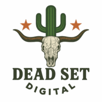 Dead Set Digital logo featuring a longhorn skull with a cactus growing from the top and two red stars on a green background, symbolizing bold Western-inspired digital marketing