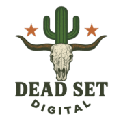 Dead Set Digital logo featuring a longhorn skull with a cactus growing from the top and two red stars on a green background, symbolizing bold Western-inspired digital marketing